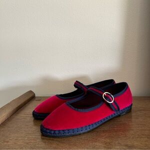 Brand New Mary Janes! Crushed Red Velvet with Blue Piping | Made in Spain